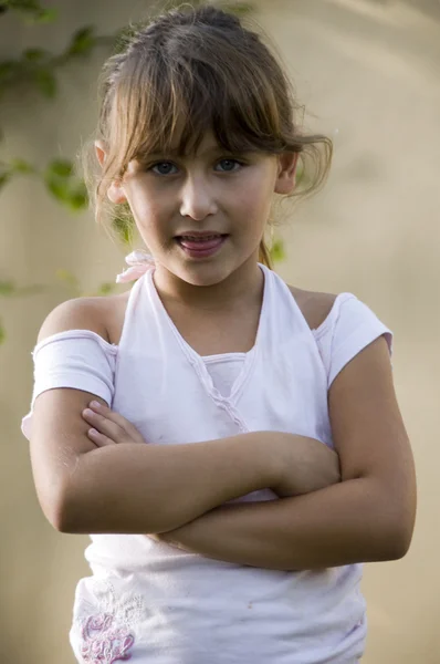 Портрет маленькой девочки со скрещенными руками — стоковое фото