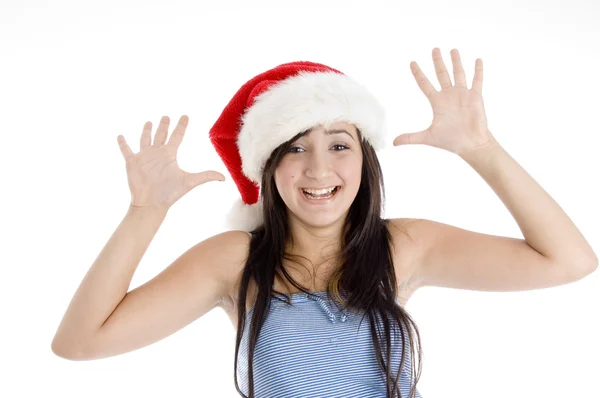 Usměvavá mladá dívka ukazuje její dlaně — Stock fotografie