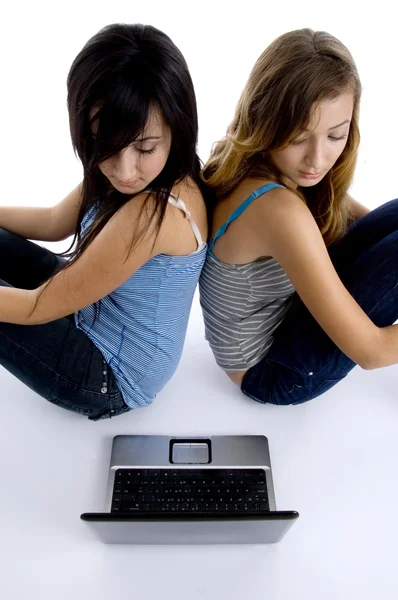 Teenage girls looking to laptop — Stock Photo, Image