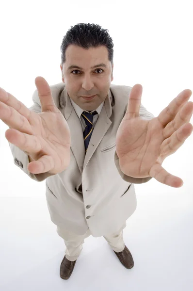 Podnikatel ukazující jeho dlaně — Stock fotografie