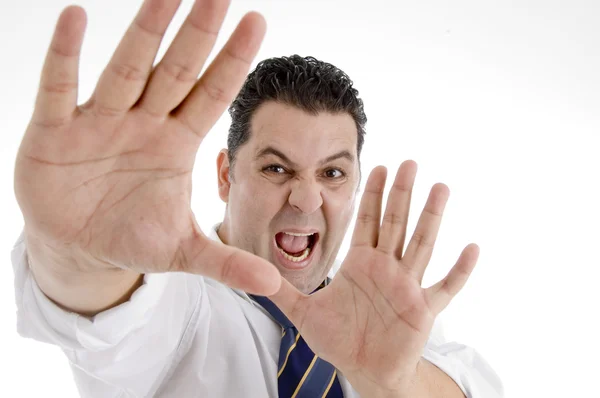 Gritando empresário mostrando suas palmas — Fotografia de Stock