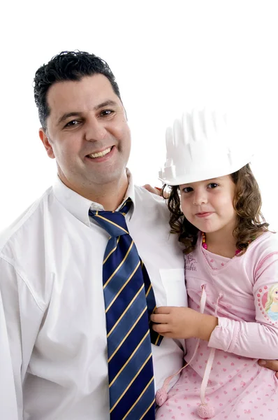 Menina com chapéu duro e pai — Fotografia de Stock