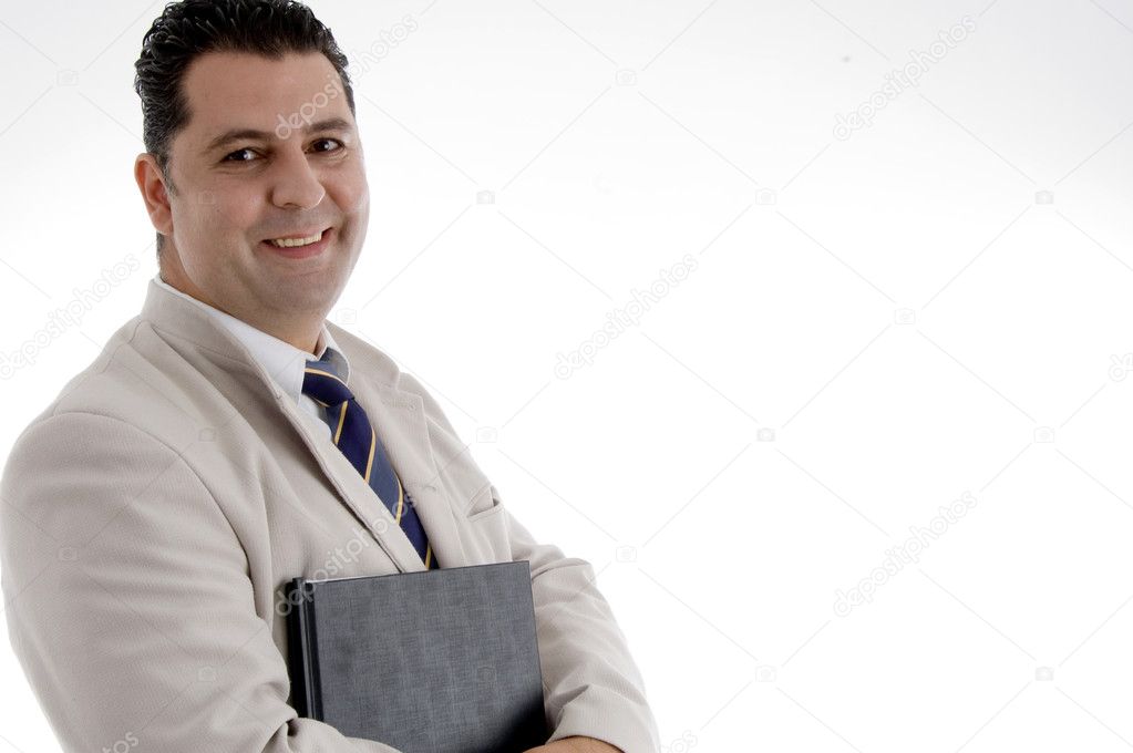 Portrait of happy businessman with file