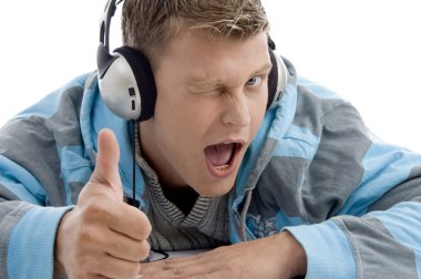 Man with headphone wishing good luck clipart