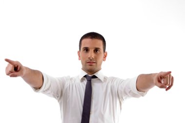 Young male pointing with both hands clipart