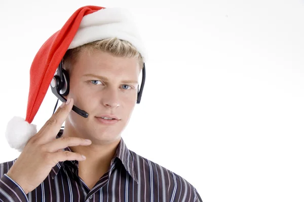 Pohledný muž tele volající s headsetem — Stock fotografie