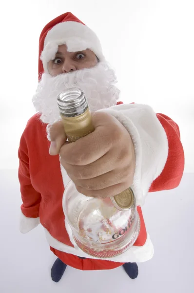 Santa klausul visar vin flaska — Stockfoto