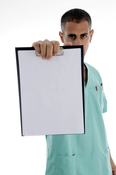 Arzt zeigt Notizblock — Stockfoto