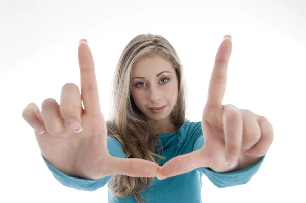 stock image Woman showing directing hand gesture