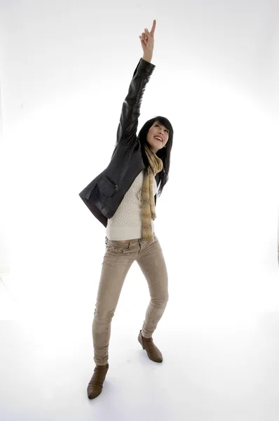 Woman pointing upwards — Stock Photo, Image
