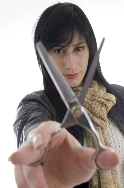 Female barber holding scissors — Stock Photo, Image