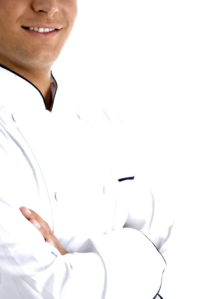Primer plano del uniforme de chef, hombre sonriendo — Foto de Stock