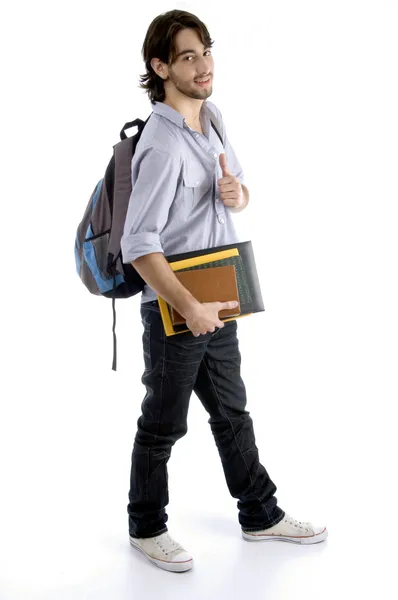 Sprytny student z jego worek i książek — Zdjęcie stockowe