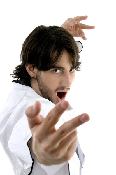 Man in chef uniform performing karate — Stock Photo, Image