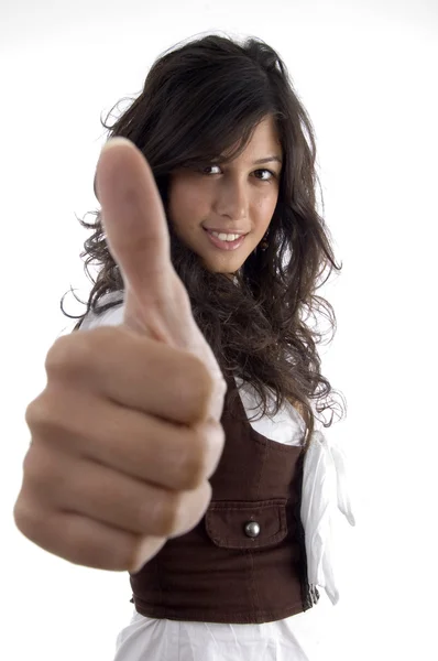 Young model with thumbs up hand gesture — Stock Photo, Image