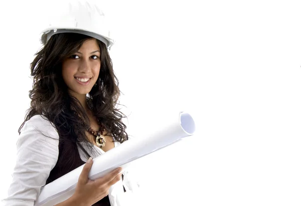 Fiatal női építész üzem blueprint — Stock Fotó