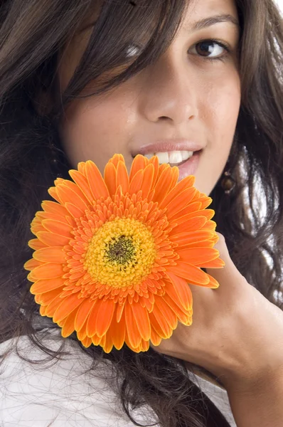 Close up of beautiful model with flower — Stock Photo, Image