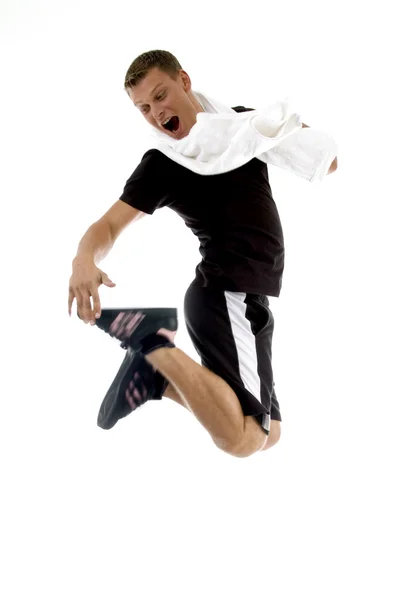 Springender Mann schaut auf seine Schuhe — Stockfoto
