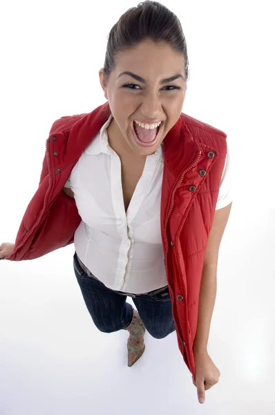 Pretty girl posing in her red jacket — Stock Photo, Image