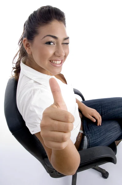 Pretty woman winking her eye, thumbs up — Stock Photo, Image