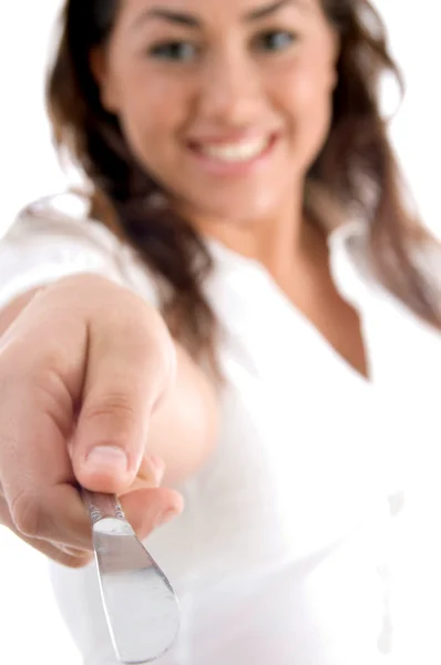 Happy woman posing with knife — Stock Photo, Image