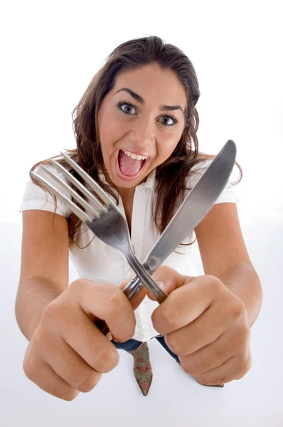 Genç sevimli genç gösteren çatal bıçak takımı — Stok fotoğraf