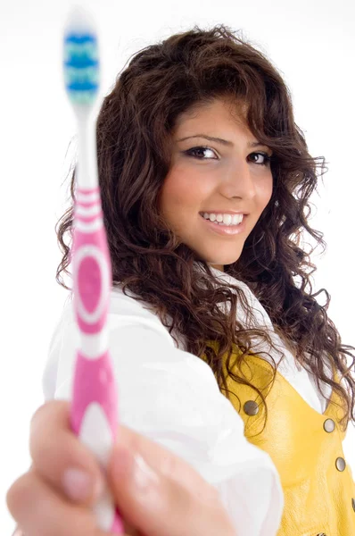 歯ブラシと美しい女性 — ストック写真