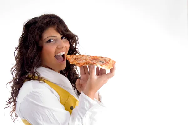 Nádherná žena, připravené k jídlu pizza — Stock fotografie