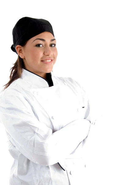 Mooie jonge vrouwelijke chef-kok poseren — Stockfoto