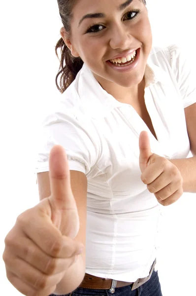 Smiling woman showing good luck sign — Stock Photo, Image