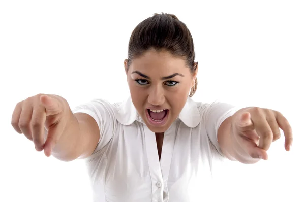 Mujer gritando señalando con ambas manos —  Fotos de Stock
