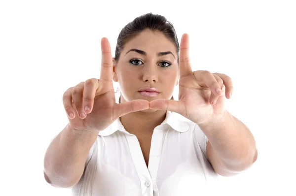 Feminino mostrando gesto direcionador — Fotografia de Stock