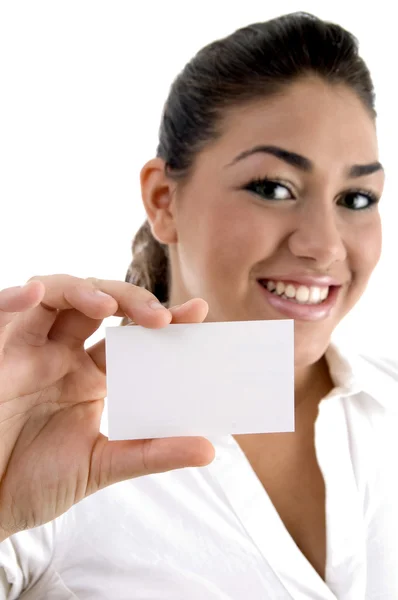 Young female showing business card — Stock Photo, Image