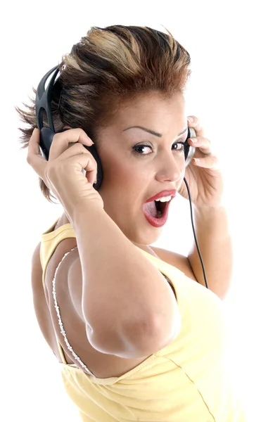 Back pose of woman with headphones — Stock Photo, Image