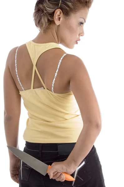 Postura traseira de mulher com faca — Fotografia de Stock