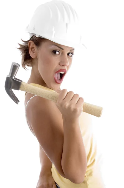 Arquiteta feminina com martelo — Fotografia de Stock