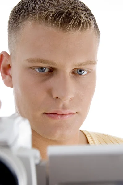 Portrait of blonde man with handy cam — Stock Photo, Image