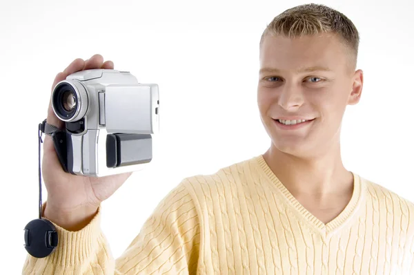 Portrait of blonde man with handy cam — Stock Photo, Image