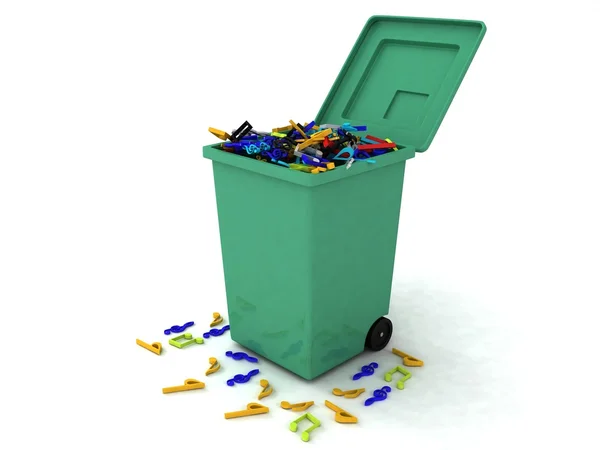 3D πράσινο σκουπίδια δοχείο γεμάτο μουσικές νότες — Φωτογραφία Αρχείου