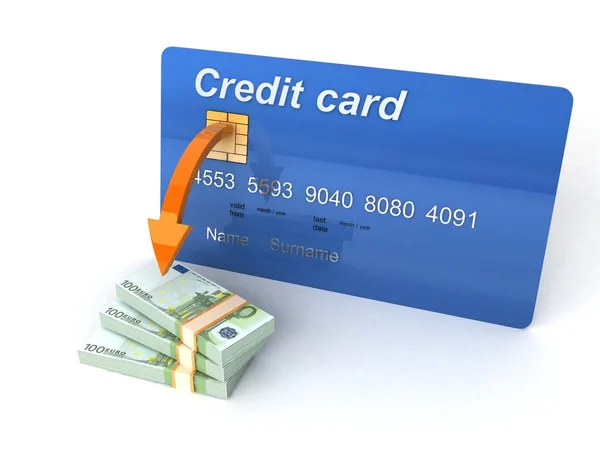 3D-Kreditkarte mit Bündel von Währung — Stockfoto