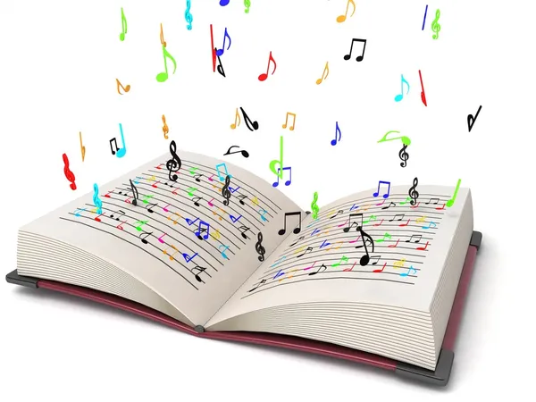 3d flying musical notes from books — Stock Photo, Image