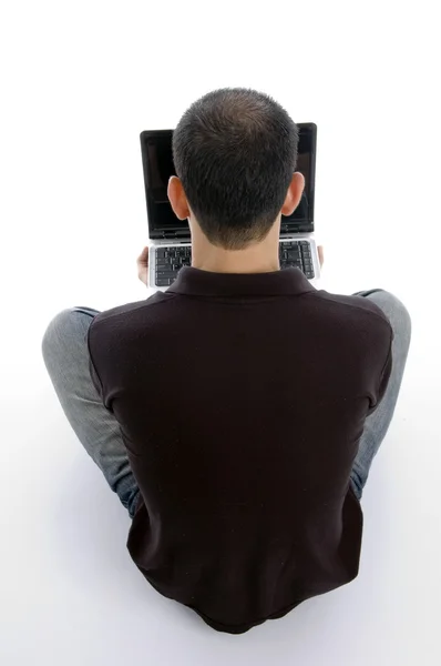 Pose traseira do macho ocupado com laptop — Fotografia de Stock