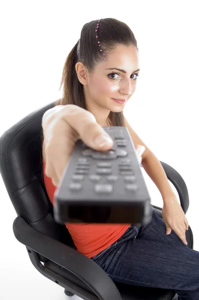 Young girl posing with remote — Stock Photo, Image
