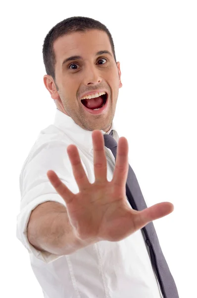 Usmívající se profesionální muž ukazuje palm — Stock fotografie