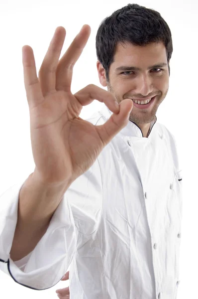 Uomo in uniforme da chef con segno ok — Foto Stock