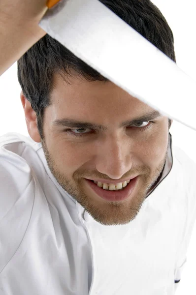 Close up of male chef holding knife — Stock Photo, Image