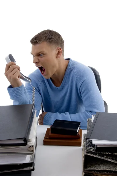 Angry businessman shouting on phone — Stock Photo, Image