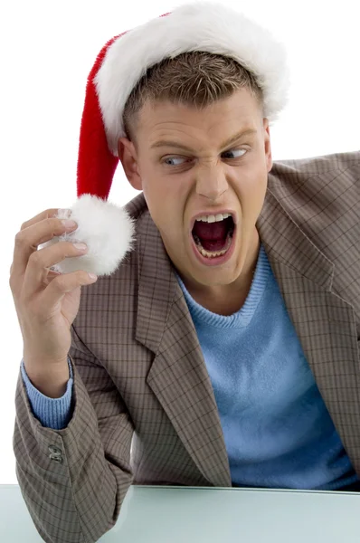 Shouting young man with christmas hat — Stock Photo, Image