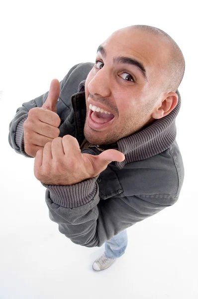 Ariel view, happy man showing thumbs up — Stock Photo, Image