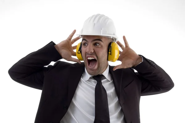 Inženýr nosit ucpávky do uší a čepice — Stock fotografie
